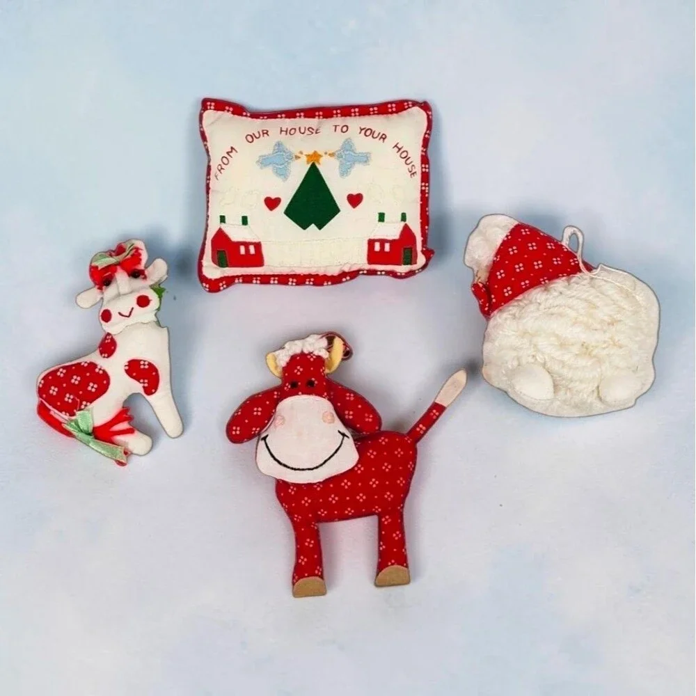 Vintage Farm Animal Christmas Ornaments Set of 4 Fabric Cottagecore Holiday Red